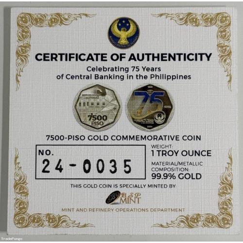 7,500-piso 75th Anniversary of Central Banking in the Philippines – Gold in Wooden Box with Double Doors