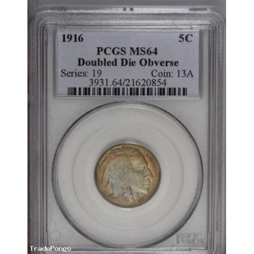 1916 5C Doubled Die Obverse  Buffalo Nickel MS64 PCGS