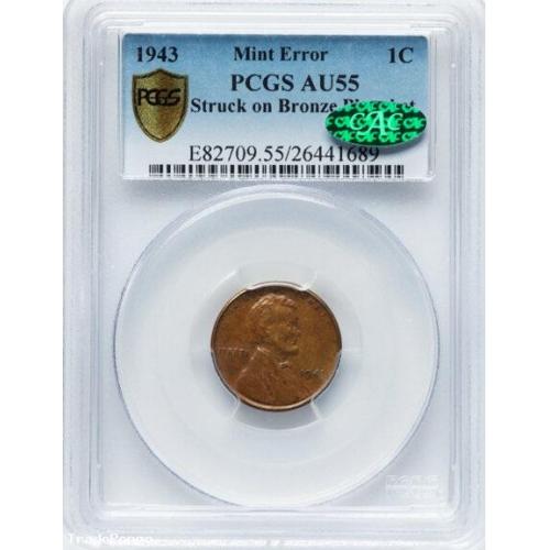 1943 1C Struck on a Bronze Planchet AU55 PCGS. CAC