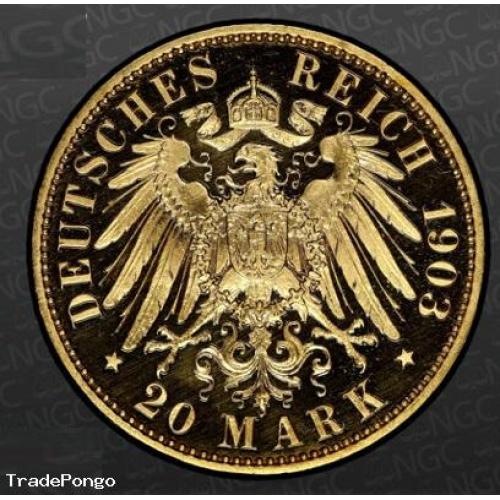 German States: Waldeck-Pyrmont. Friedrich gold Proof 20 Mark 1903-A PR66 Ultra Cameo NGC