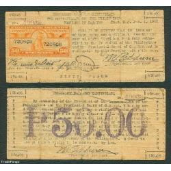 Philippine 50 Pesos WW2 Guerrilla Emergency Banknote - CAGAYAN w/ Revenue Stamp