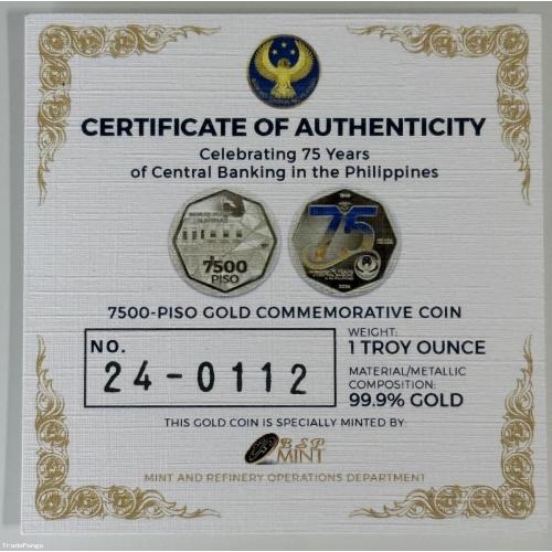 Philippine 7,500-Piso 75th Anniversary of Central Banking in the Philippines – Gold in Wooden Cube Box with Acrylic Top