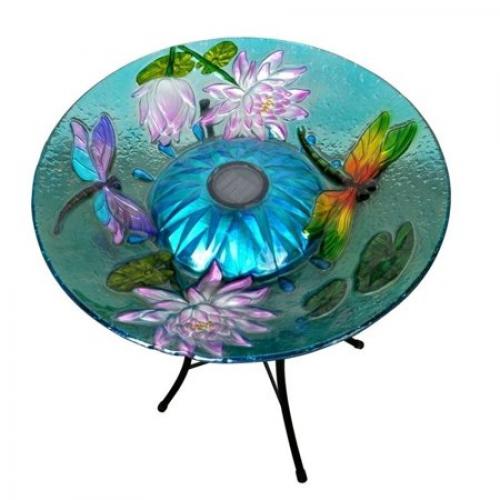 Peaktop - Outdoor 18-Inch Dragonfly Fusion Glass Solar Bird Bath