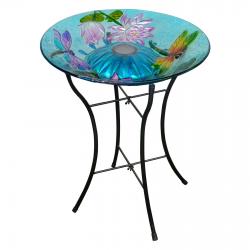 Peaktop - Outdoor 18-Inch Dragonfly Fusion Glass Solar Bird Bath