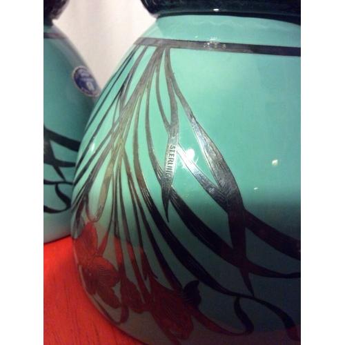 Art Nouveau Cambridge 1895-1920s Sterling silver overlay 2 Teal glass bowls