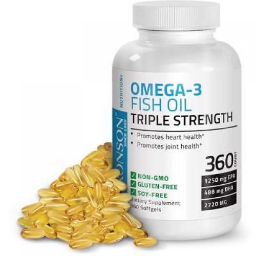 BRONSON OMEGA-3 FISH OIL TRIPLE STRENGTH EPA DHA NON-GMO NO-GLUTEN 360 Softgels