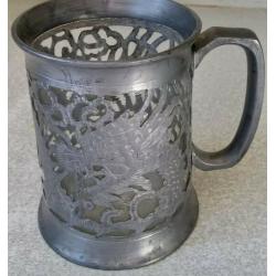 ANTIQUE / VINTAGE PEWTER ALE / BEER TANKARD W/ CUT OUT DRAGON CHINESE SENGHENG
