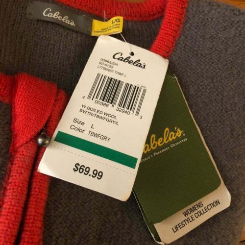 Cabelas Wool Grey/Red Cardigan Sweater