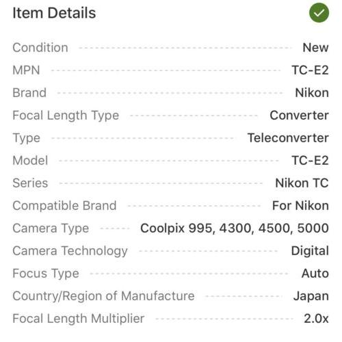 Nikon TC-E2 2X Teleconverter Lens Nikon 4300 4500 5000 Coolpix Digital Cameras