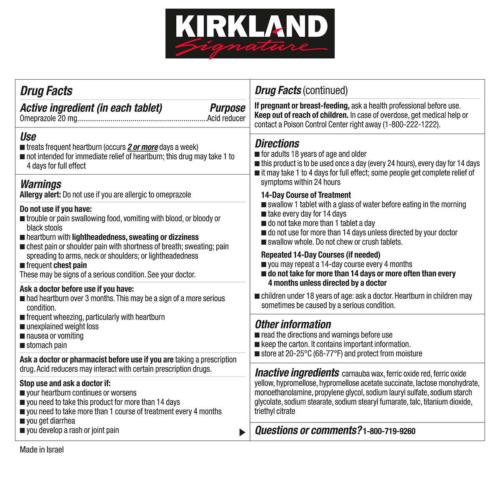 Kirkland Omeprazole 24 hours Delayed Release 42 Tablets 20mg Acid Reducer 20 Mg