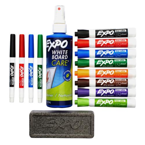 EXPO Erase Marker Kit Chisel & Fine Points Assorted Colors Quick Dry w/ Case