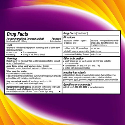 Allegra Allergy Non-Drowsy 90 Tablets Relieves Sneezing Itchy Eyes & Throat EXP