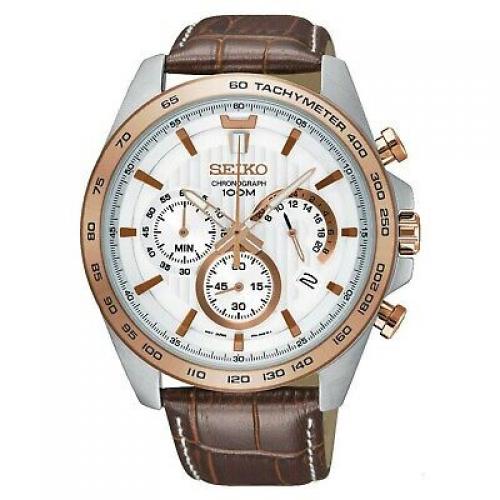 Seiko SSB306P1 Men's Chronograph White Dial Brown Strap Watch