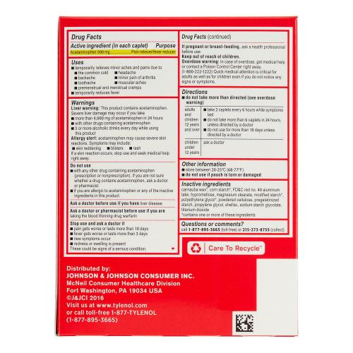 Tylenol Extra Strength Caplets, 500 Mg (50 ct., 2 pk.)