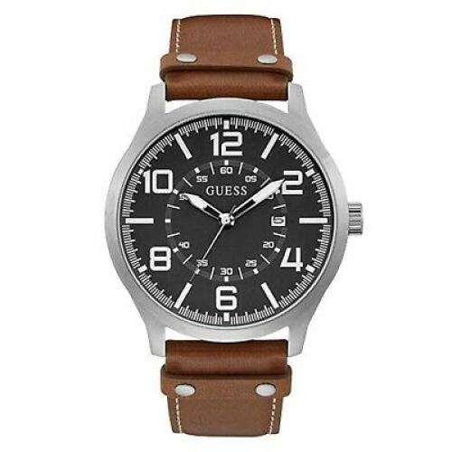 GUESS Men's 48mm Brown Leather Band Steel Case Quartz Grey Dial Watch W1301G1