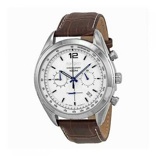Seiko Chronograph White Dial Stainless Steel Brown Leather Mens Watch SSB095