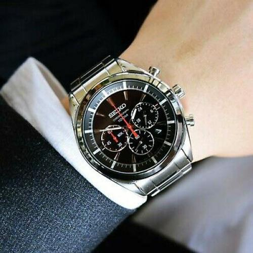Seiko Black Dial Stainless Steel Mens Watch SSB089