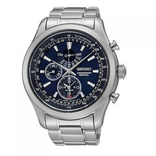 Seiko SPC125P1 Neo Classic Alarm Perpetual Blue Dial Stainless Steel Mens Watch