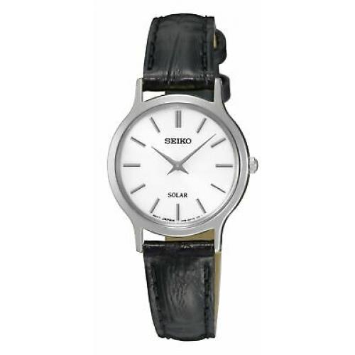 Seiko Solar SUP299 White Dial Black Leather Band Women's Watch
