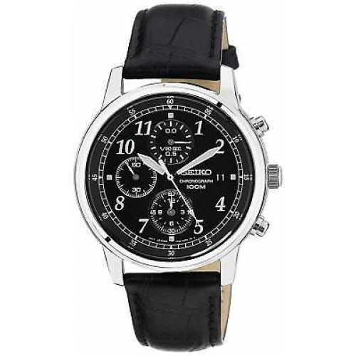 Seiko Men's SNDC33 Classic Black Leather Black Chronograph Dial Watch
