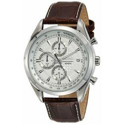 Seiko Chronograph SSB181 Silver Tone Dial Brown Leather Band Men's Watch