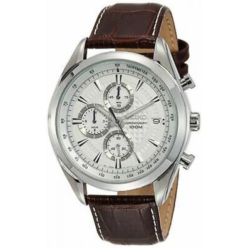 Seiko Chronograph SSB181 Silver Tone Dial Brown Leather Band Men's Watch