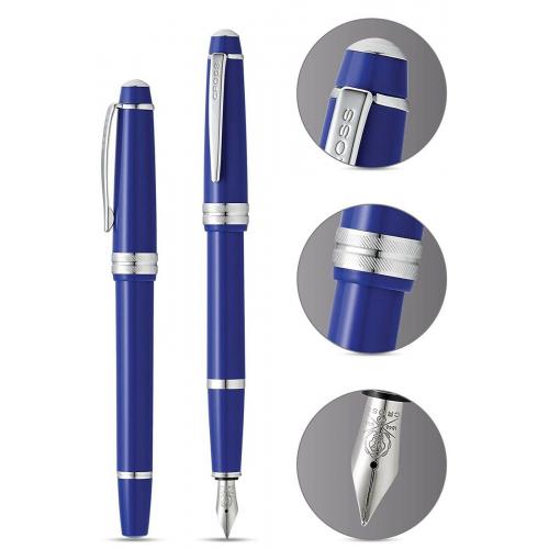 Cross Bailey Fountain Pen, Blue Lacquer, Medium Nib, 6 Free Cartridges, New