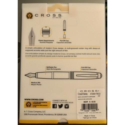 Cross Bailey Fountain Pen, Blue Lacquer, Medium Nib, 6 Free Cartridges, New