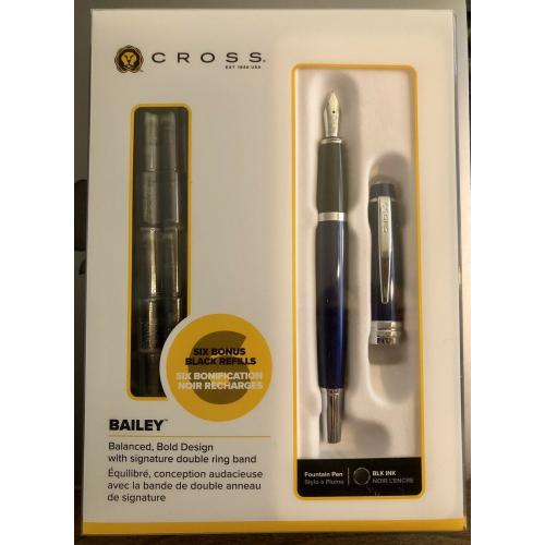 Cross Bailey Fountain Pen, Blue Lacquer, Medium Nib, 6 Free Cartridges, New