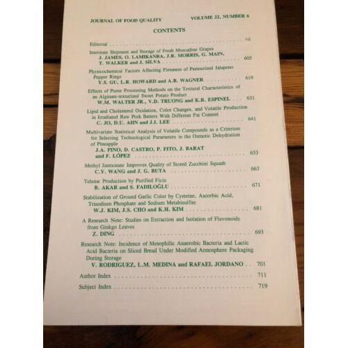 Journal of Food Quality Vol 22, #6 1999 Softcover