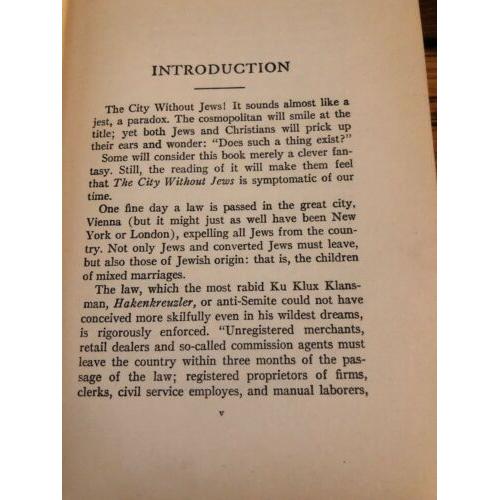 VERY RARE FIND The city without Jews; A novel of our time Hugo Bettauer 1936 HC