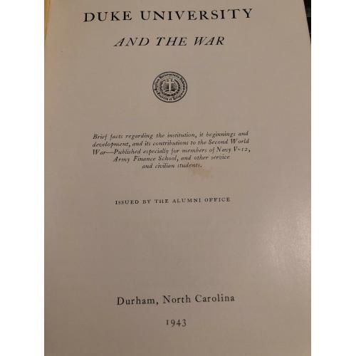 duke university and the war 1943 Booklet