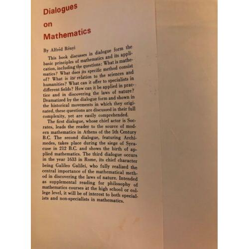 Dialogues on mathematics Alfred Renyi 1967 Hardcover Holden-Day