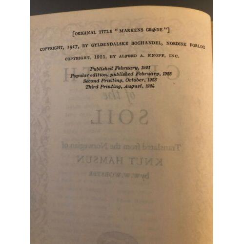 Growth of the Soil Knut Hamsun translated by Worster, W.W. 1924 3rd printing