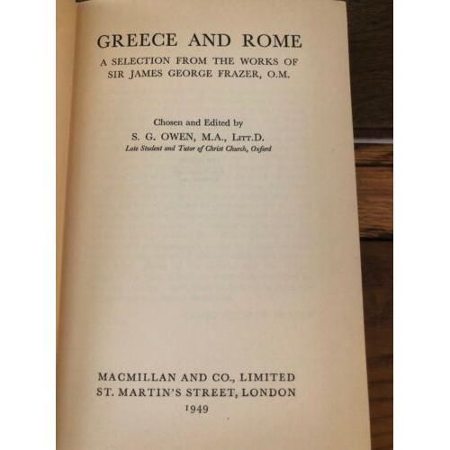 Greece And Rome : A Selection From The Works Of Sir James George Frazer 1949 HC