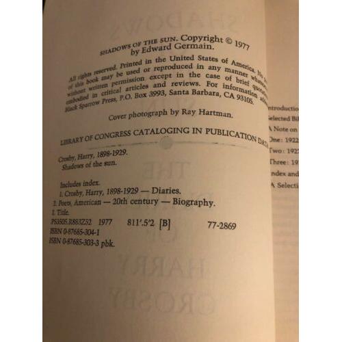 Shadows of the Sun: The Diaries of Harry Crosby 1977 1st Edition Pb Ed Germain