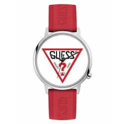 GUESS Originals Red Logo Silver Tone Stainless Steel & Rubber Watch V1003M3