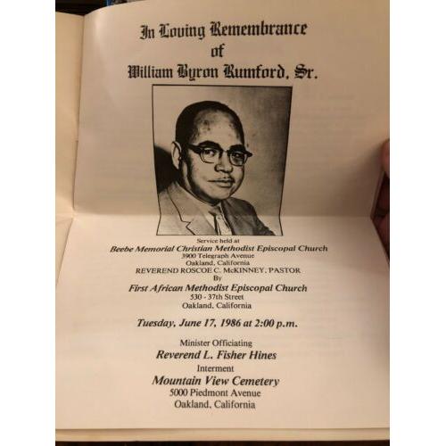 AUTOGRAPHED William Byron Rumford Life & Public Services + Funeral Program, Obit