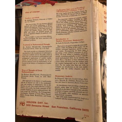 Dialogues on mathematics Alfred Renyi 1967 Hardcover Holden-Day