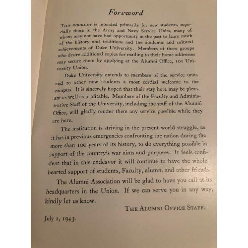 duke university and the war 1943 Booklet