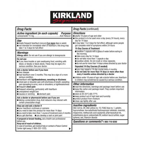 Kirkland Lansoprazole 15 mg Acid Reducer 24H 42 Capsules Heartburn Treatment EXP