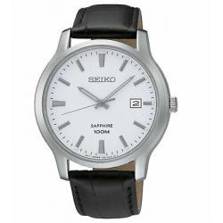 Seiko Quartz Sapphire Silver Tone Dial Leather Band Mens Watch SGEH43