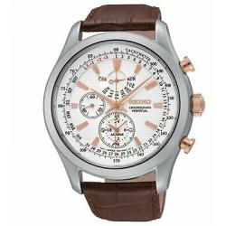 Seiko Men's SPC129P1 Neo Classic Alarm Perpetual Chrono Brown Leather Watch