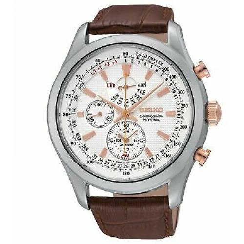 Seiko Men's SPC129P1 Neo Classic Alarm Perpetual Chrono Brown Leather Watch