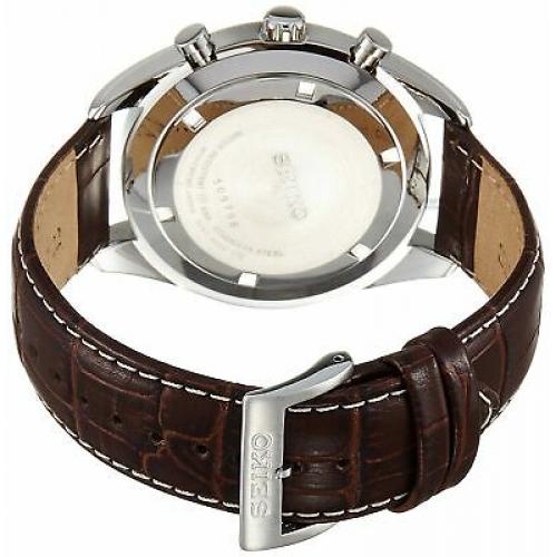 Seiko Chronograph SSB181 Silver Tone Dial Brown Leather Band Men's Watch