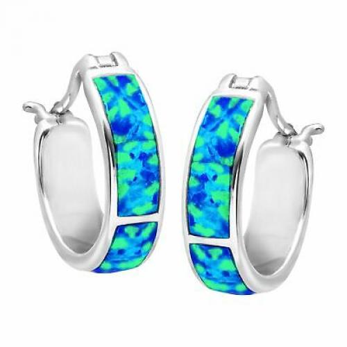 Created Blue Opal Inlay Mini Hoop Earrings in Sterling Silver