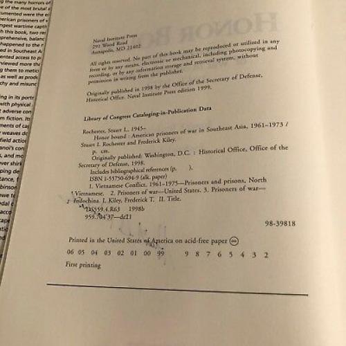 AUTOGRAPHED 1ST Honor Bound: American Prisoners of War Southeast Asia 1961-1973