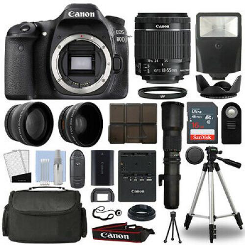 Canon EOS 80D DSLR Camera + 4 Lens 18-55mm IS STM + 500mm + 16GB Telephoto Kit