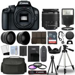 Canon EOS 3000D / Rebel T100 SLR Camera + 3 Lens Kit 18-55mm+ 16GB+ Flash & More