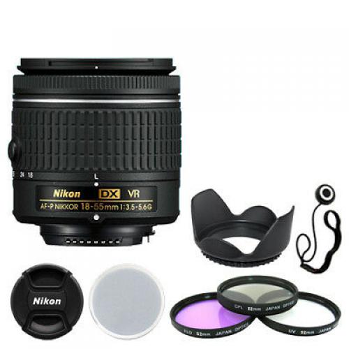 Nikon 18-55mm f/3.5-5.6G VR AF-P DX Zoom Lens Bundle: Filters Hood Cap Keeper